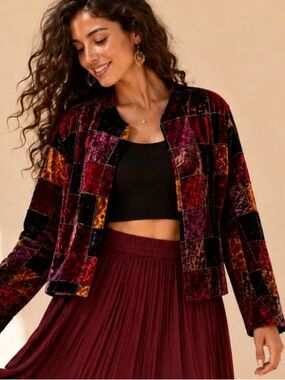 Willow Ridge Patchwork Velvet Jewel Tone Open Front Jacket Blazer